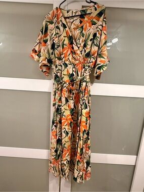 Tropical Floral Midi Vacation Resort Wear Dress in Orange & Green